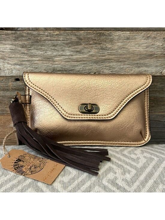 Handbags - Catchfly Gold Leather Wristlet Clutch with Tassel NWT